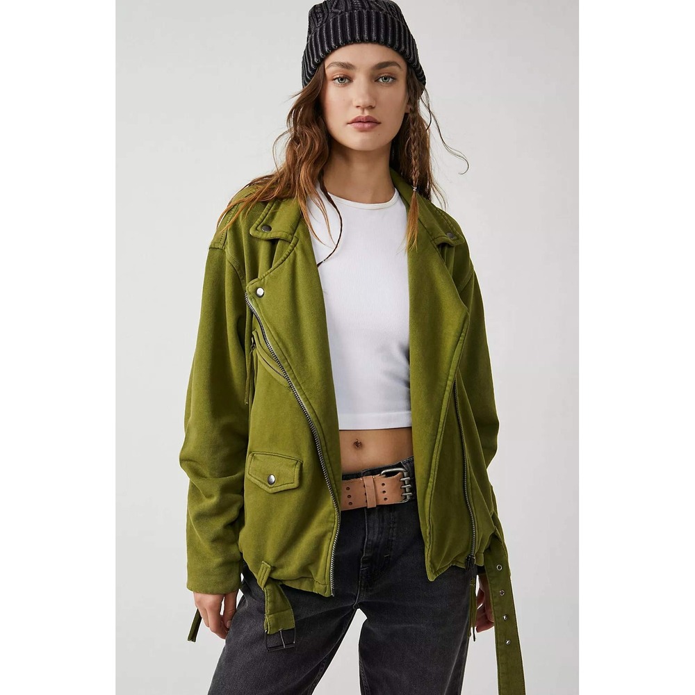 Free People Cool Moto Bomber Jacket Sweatshirt Olive Green Oversized Size Med